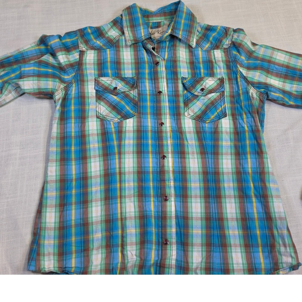 Cedar Rose Womens Blue Green Plaid Western Snap Button Down Shirt Size M